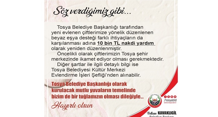 Tosya Belediyesi'nden Genç Çiftlere Jest