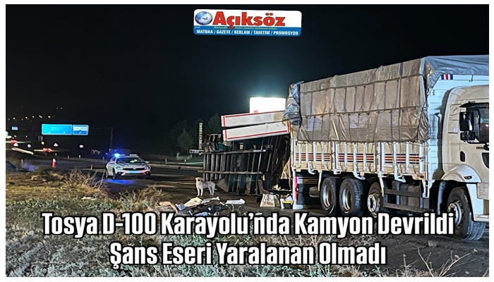 Tosya D-100 Karayolu’nda Kamyon Devrildi: Şans Eseri Yaralanan Olmadı